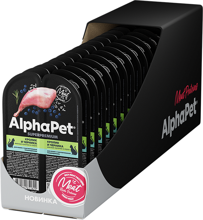 Влажный корм для кошек AlphaPet Чувств. пищеварение с кроликом и черникой в соусе (15x80г)