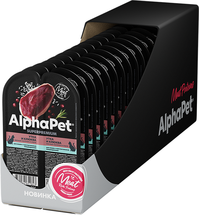 Влажный корм для кошек AlphaPet Чувств. пищеварение с уткой и клюквой в соусе (15x80г)