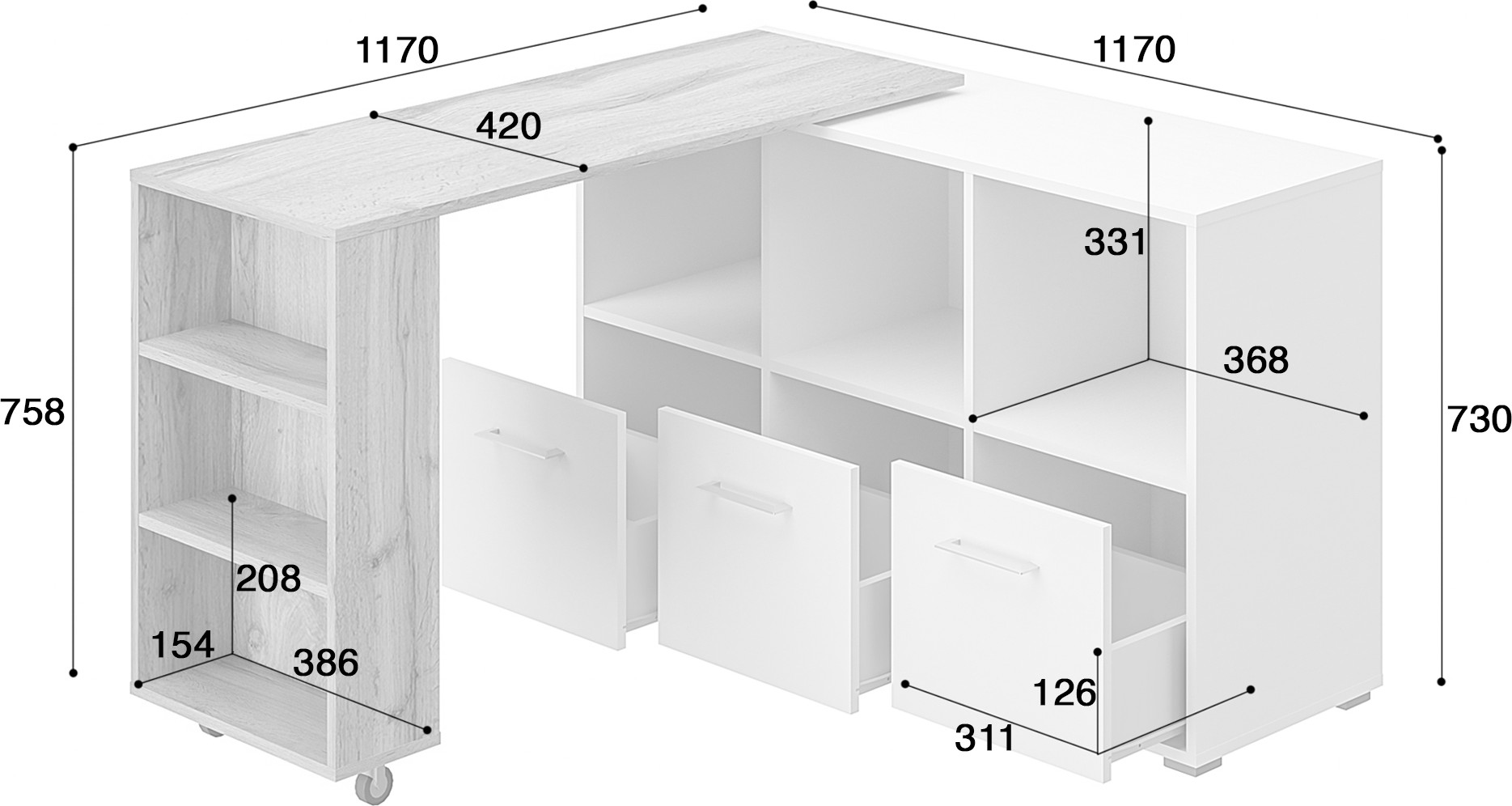 Тумба MODULA Кото INV09SP-3S-1369/420/758(22) (графит/дуб натюрель) — фото 5