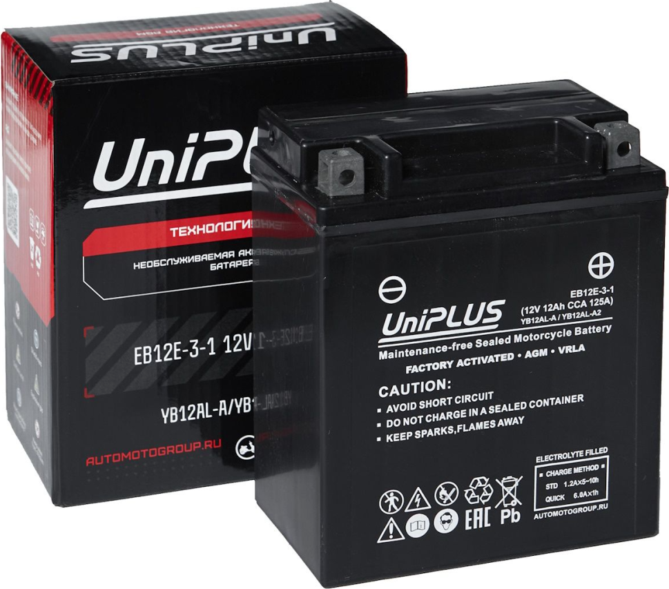 Мотоаккумулятор UniPLUS HP (0) 125A YB12AL-A / EB12E-3-1 (12А/ч) — фото 2