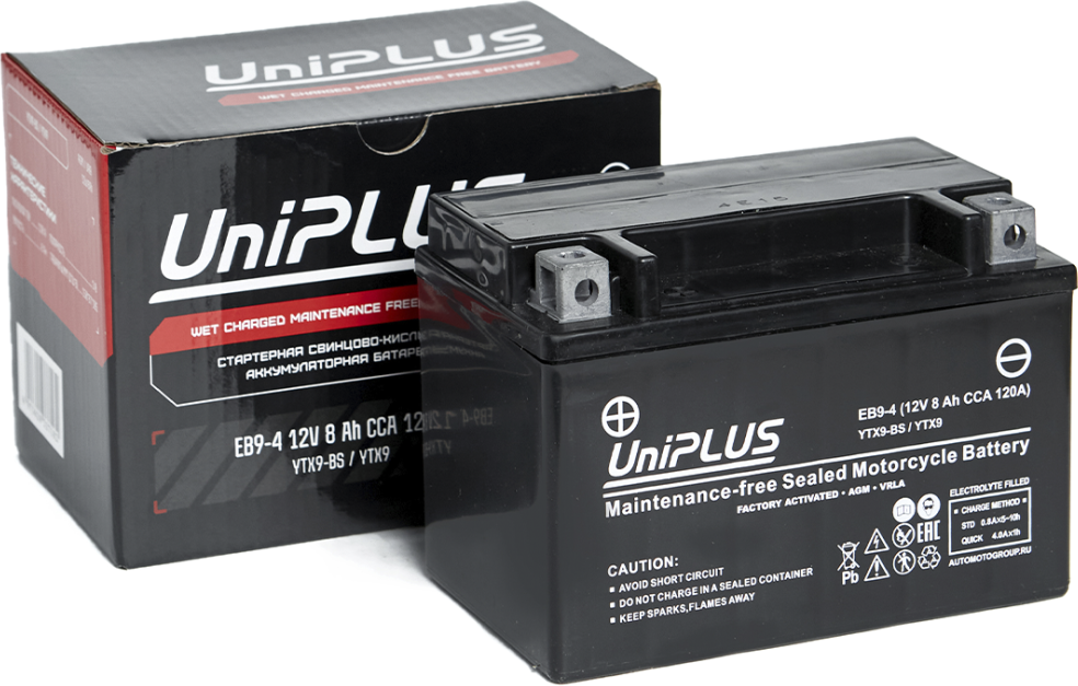 Мотоаккумулятор UniPLUS HP 8 Ah (1) 120A YTX9-BS / EB9-4 (8А/ч) — фото 2