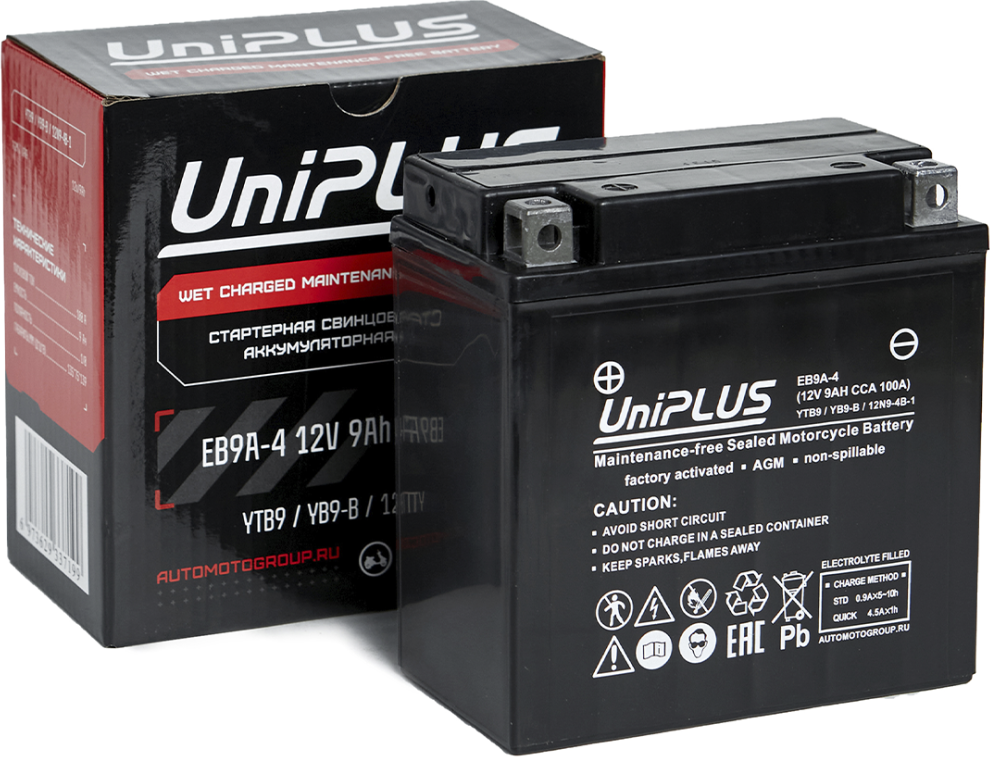 Мотоаккумулятор UniPLUS HP (1) 100A 12N9-4B-1 / EB9A-4 (9А/ч) — фото 2
