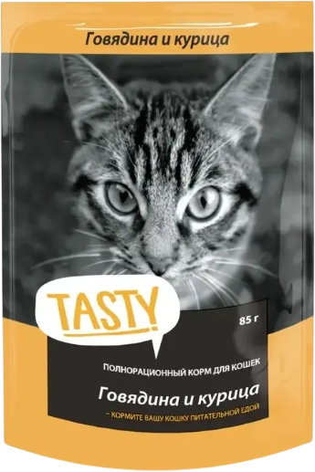Влажный корм для кошек Tasty Cat С говядиной и курицей в желе (85г)