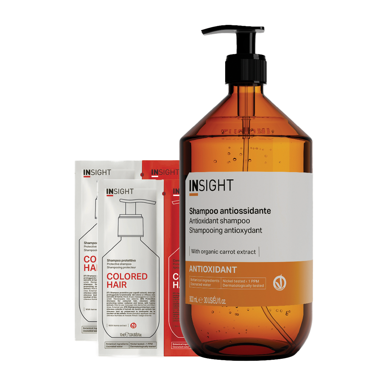 Набор косметики для волос Insight Antioxidant Шампунь+Шампунь-кондиционер Colored Protettivo (900мл+2x10мл, стекло)