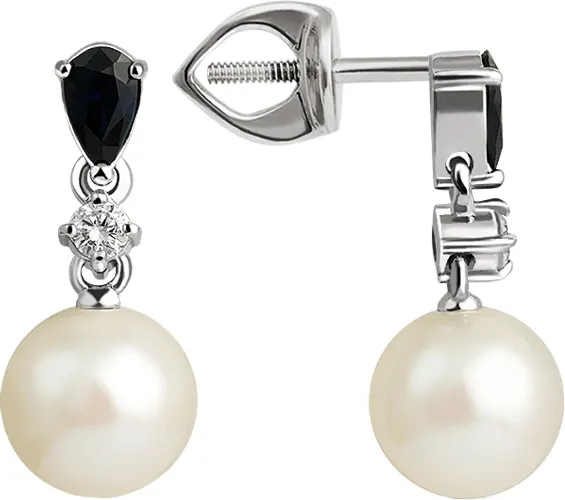 Серьги из белого золота Кристалл CM03700226773 (с бриллиантами, жемчугом и сапфирами)
