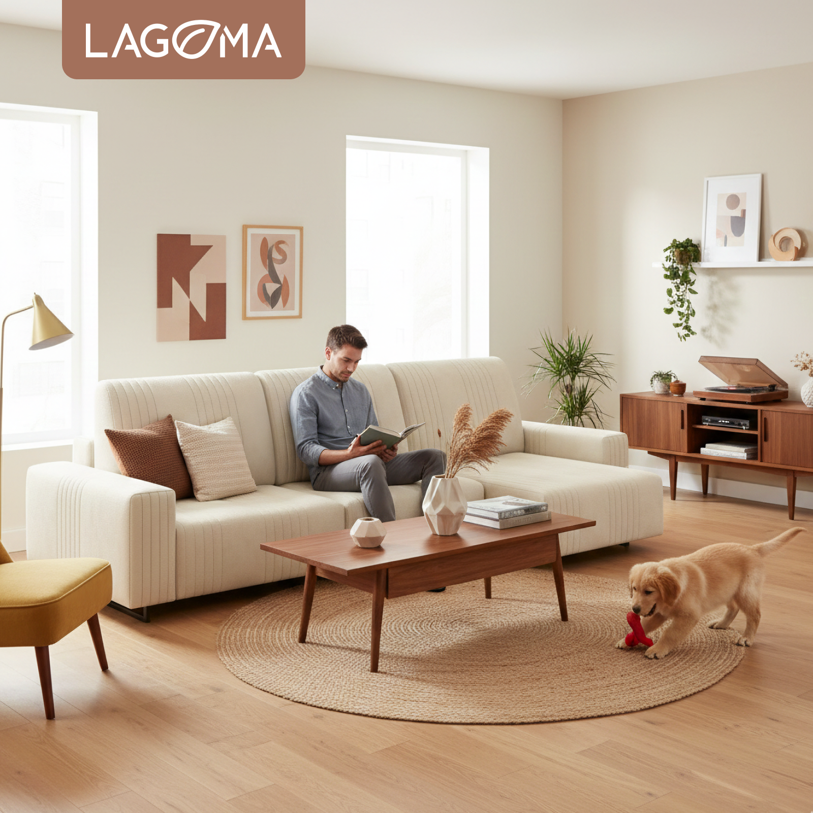 Диван угловой LAGOMA Селкеа ШП 1000 + 1000 + оттоманка левый (Elle Blonde/черный муар) — фото 5