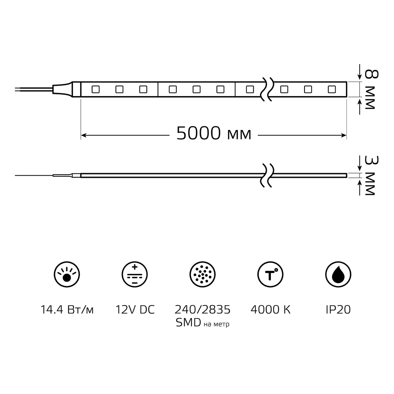 Светодиодная лента Gauss Basic LED 2835/240 12V 14.4W/m 1600lm/m 4000K 10mm IP20 / BT086 (5м) — фото 5