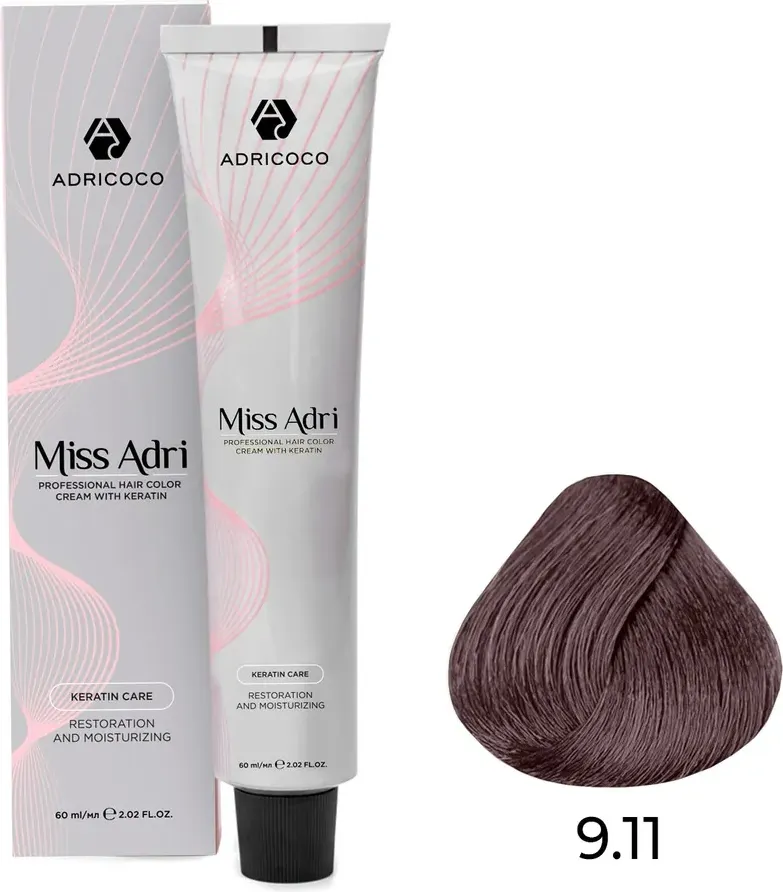 Крем-краска для волос Adricoco Miss Adri с кератином 9.11 (60мл, очень светлый блонд интенсивный пепельный)