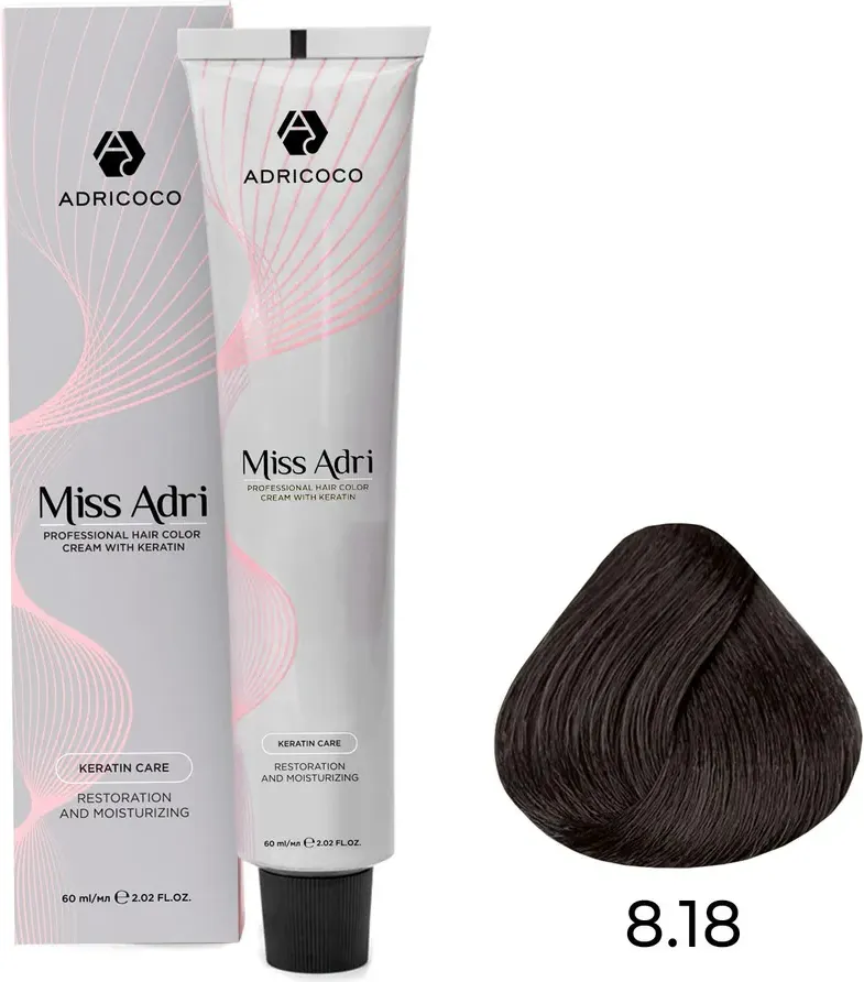 Крем-краска для волос Adricoco Miss Adri с кератином 8.18 (60мл, светлый блонд пепельный шоколадный)