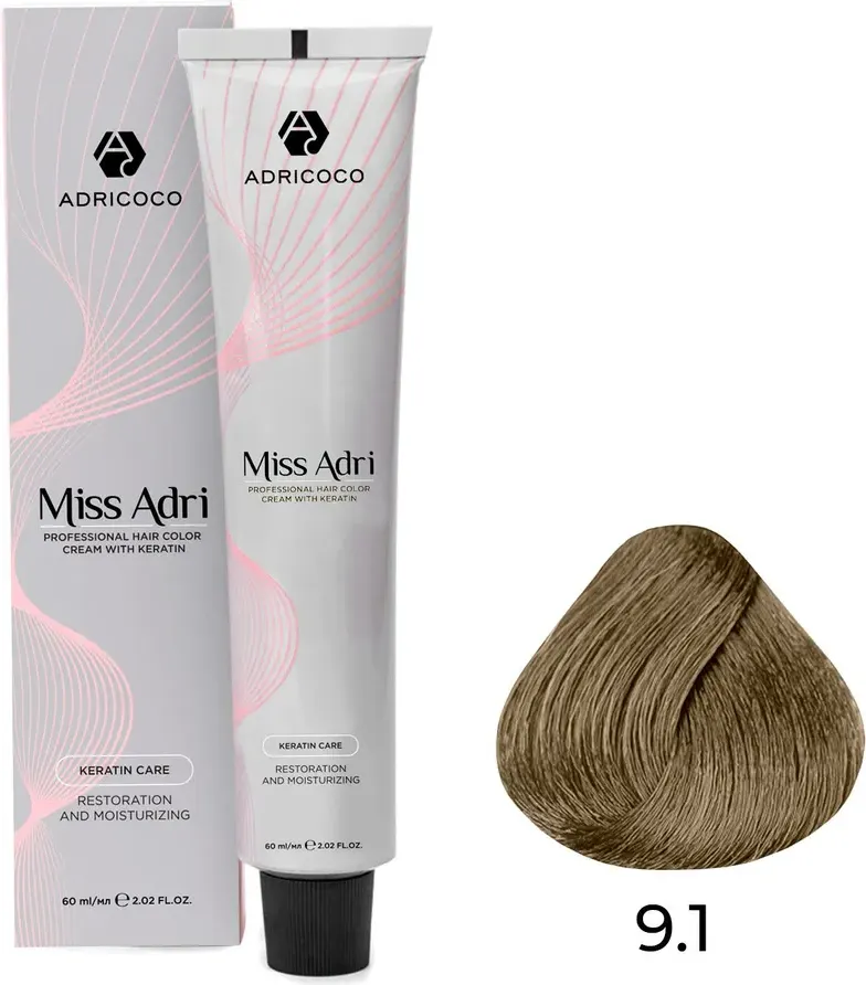 Крем-краска для волос Adricoco Miss Adri с кератином 9.1 (60мл, очень светлый блонд пепельный)