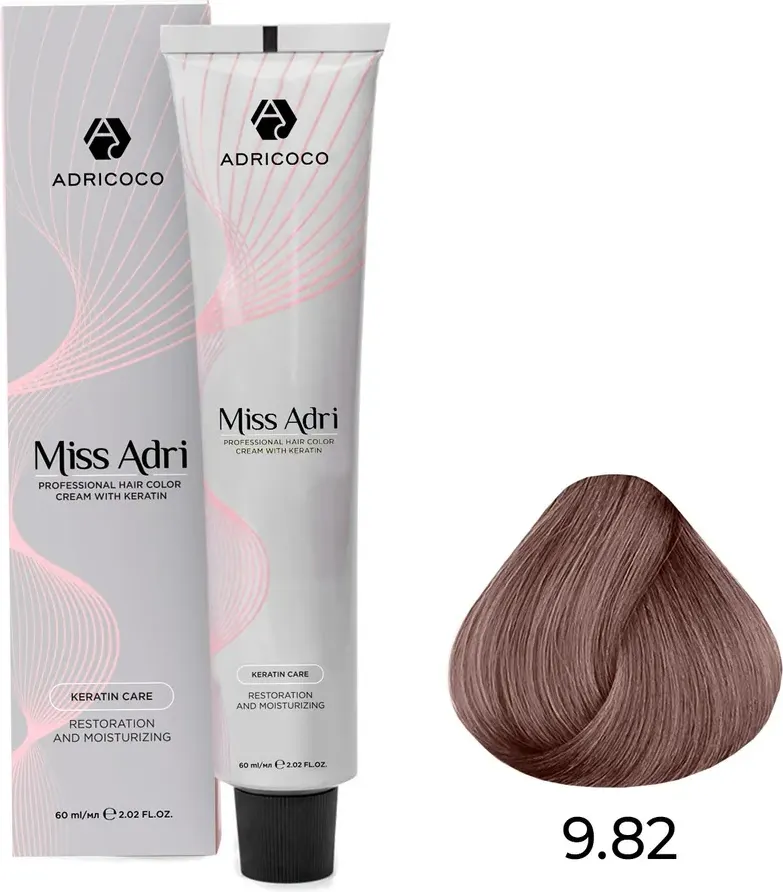Крем-краска для волос Adricoco Miss Adri с кератином 9.82 (60мл, очень светлый блонд шоколадный перламутровый)