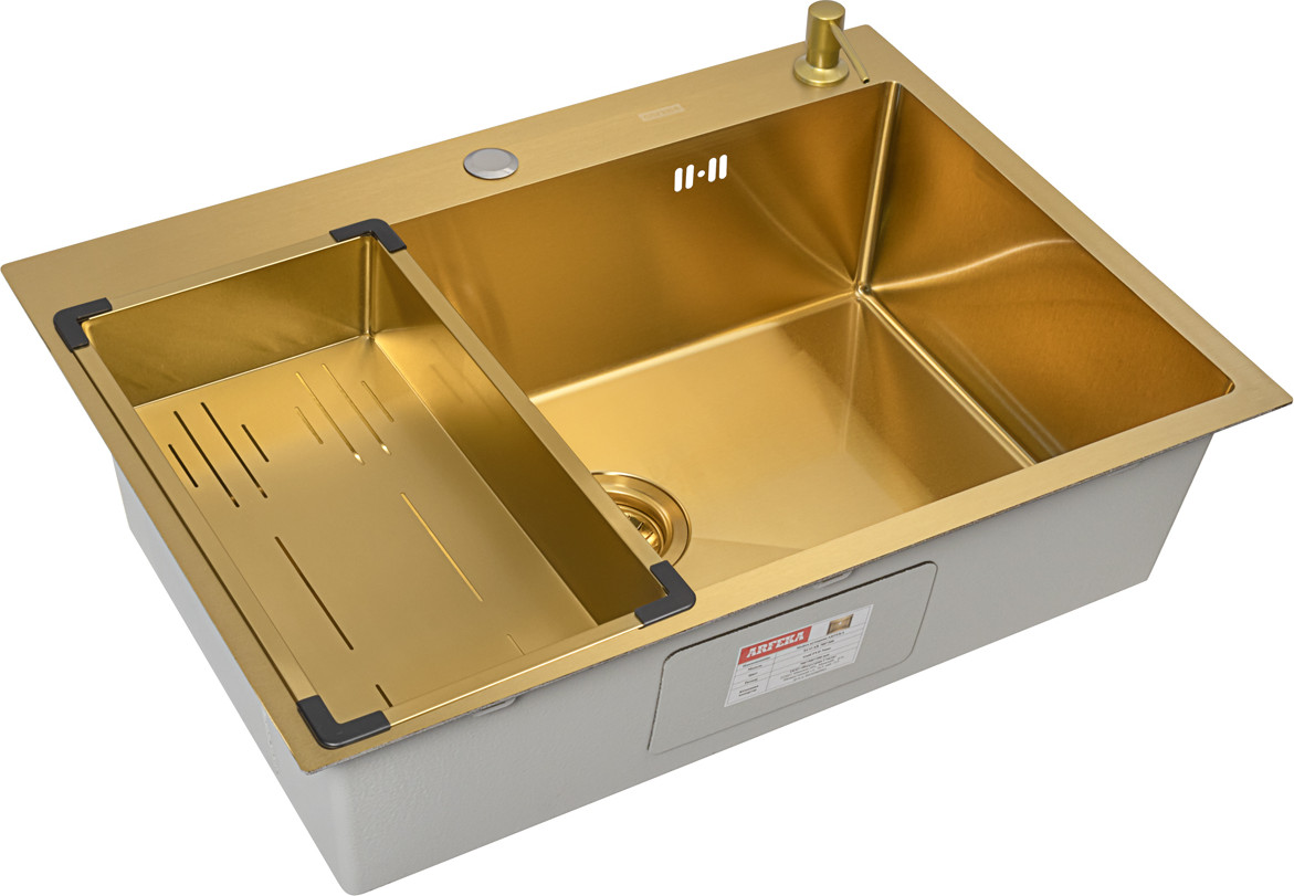 Мойка кухонная Arfeka ECO AR 70x50+CL AR G+DS AR (Gold, с дозатором и коландером) — фото 2