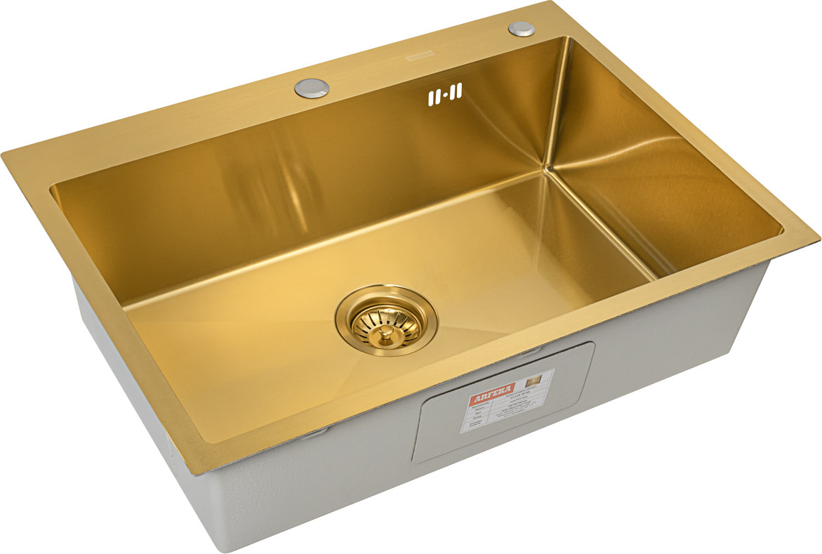 Мойка кухонная Arfeka ECO AR 70x50+CL AR G+DS AR (Gold, с дозатором и коландером) — фото 3
