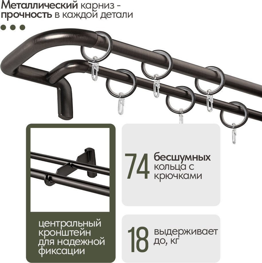 Карниз для штор UG HOME Раздвижной 2-рядный / 2UT-230-330-BG (черный графит, 2.3-3.3м) — фото 3
