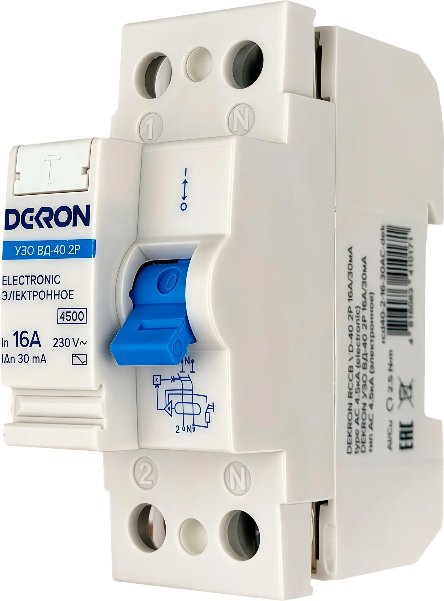 Устройство защитного отключения DEKRON ВД-40 2P 16А/30мА тип АС 4.5кА / rcd40-2-16-30AC-dek — фото 2