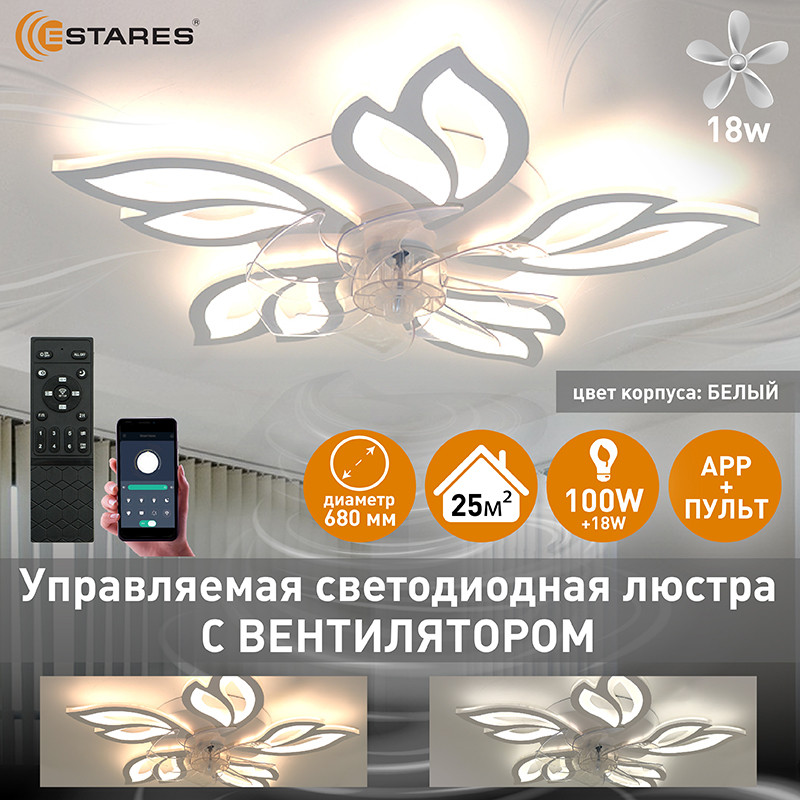Потолочный светильник с вентилятором Estares Fan Astra 100W+18W 5F-APP-680x120-WHITE/WHITE-220-IP20 — фото 6