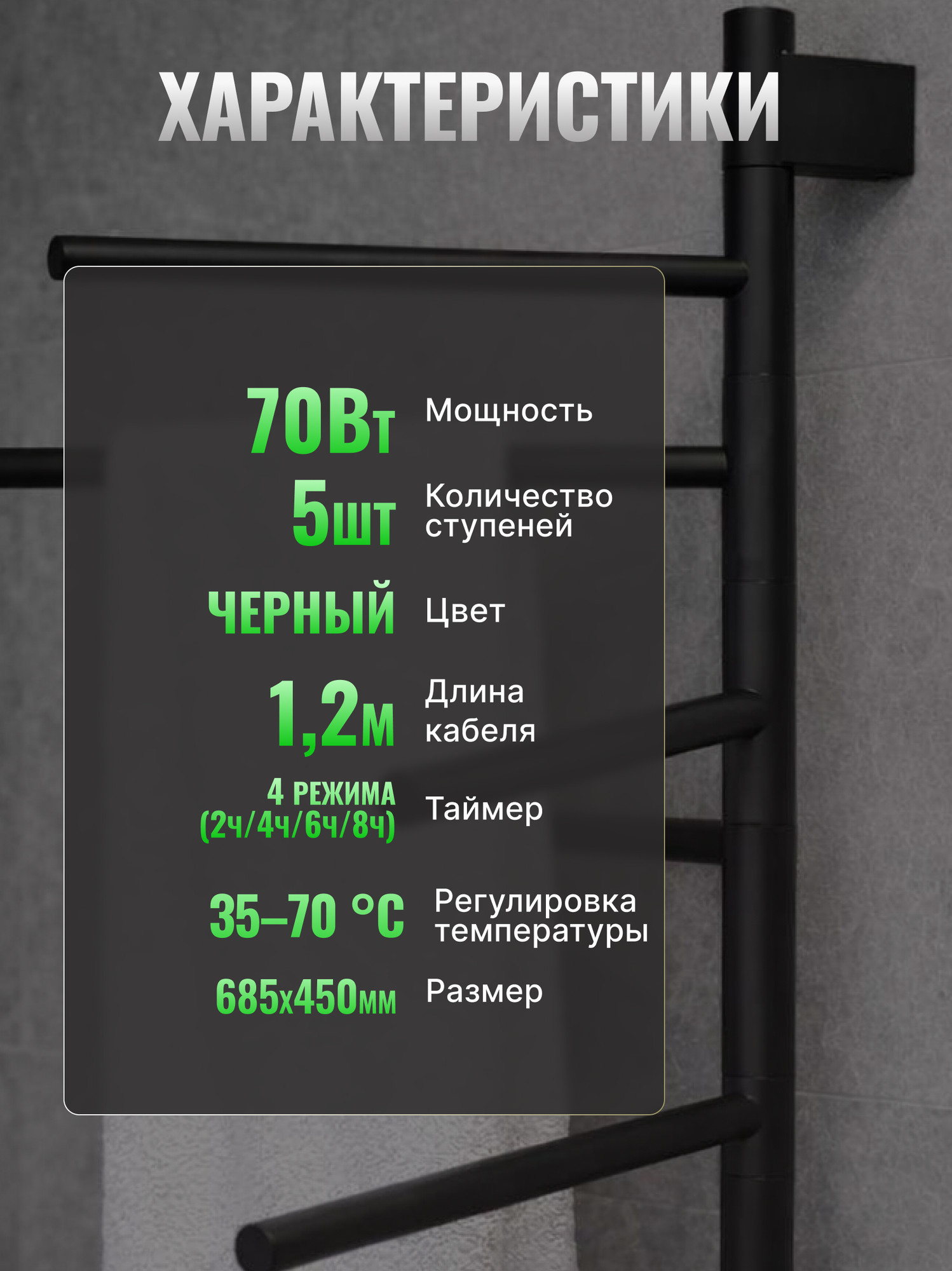 Полотенцесушитель электрический Saniteco LD0253 (черный) — фото 6