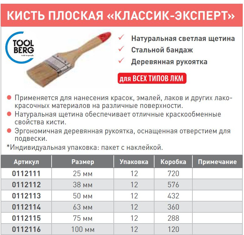 Кисть малярная Toolberg Плоская Классик Эксперт 25мм деревянная рукоятка (натуральная щетина) — фото 6