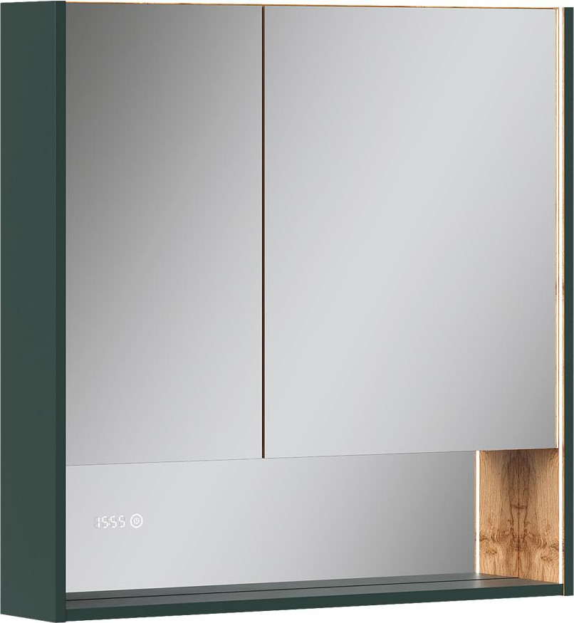 Шкаф с зеркалом для ванной EQUIL Gleam 80.2D (зеленый камень/дуб вотан)