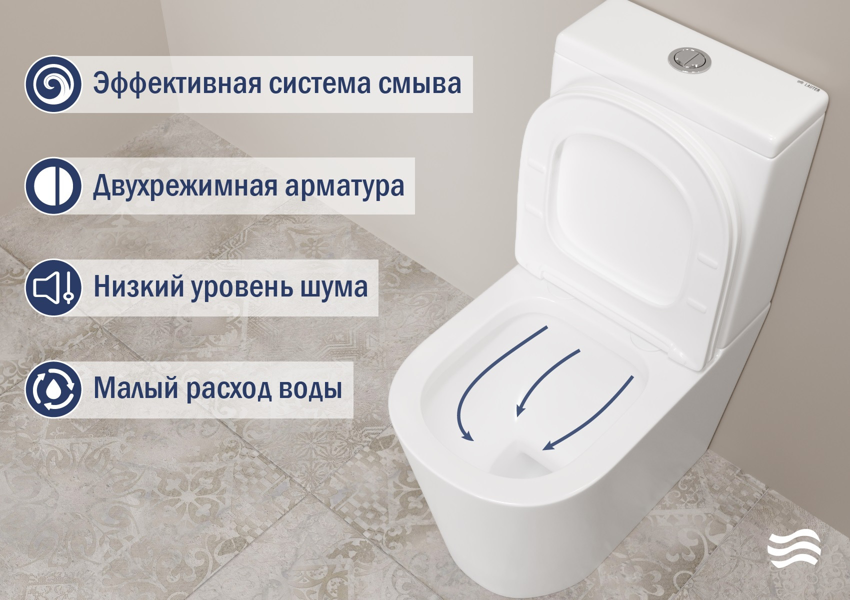Унитаз напольный Lauter W76 P-TRAP 21122762 + гигиенический душ Infinity 21LT0103CH (горизонтальный выпуск) — фото 6