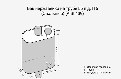 Бак на трубе Везувий d115 Овальный AISI 439 МП (55л) — фото 2