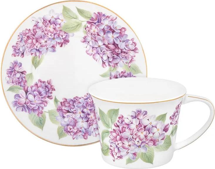 Кружка с блюдцем Elan Gallery Сирень New Bone China / 420839