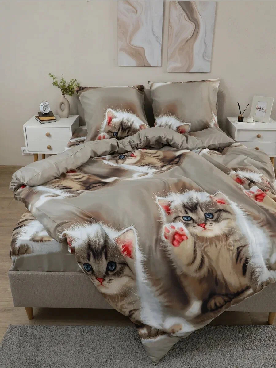 Комплект постельного белья PAVLine 1.5сп Котик (бежевый)