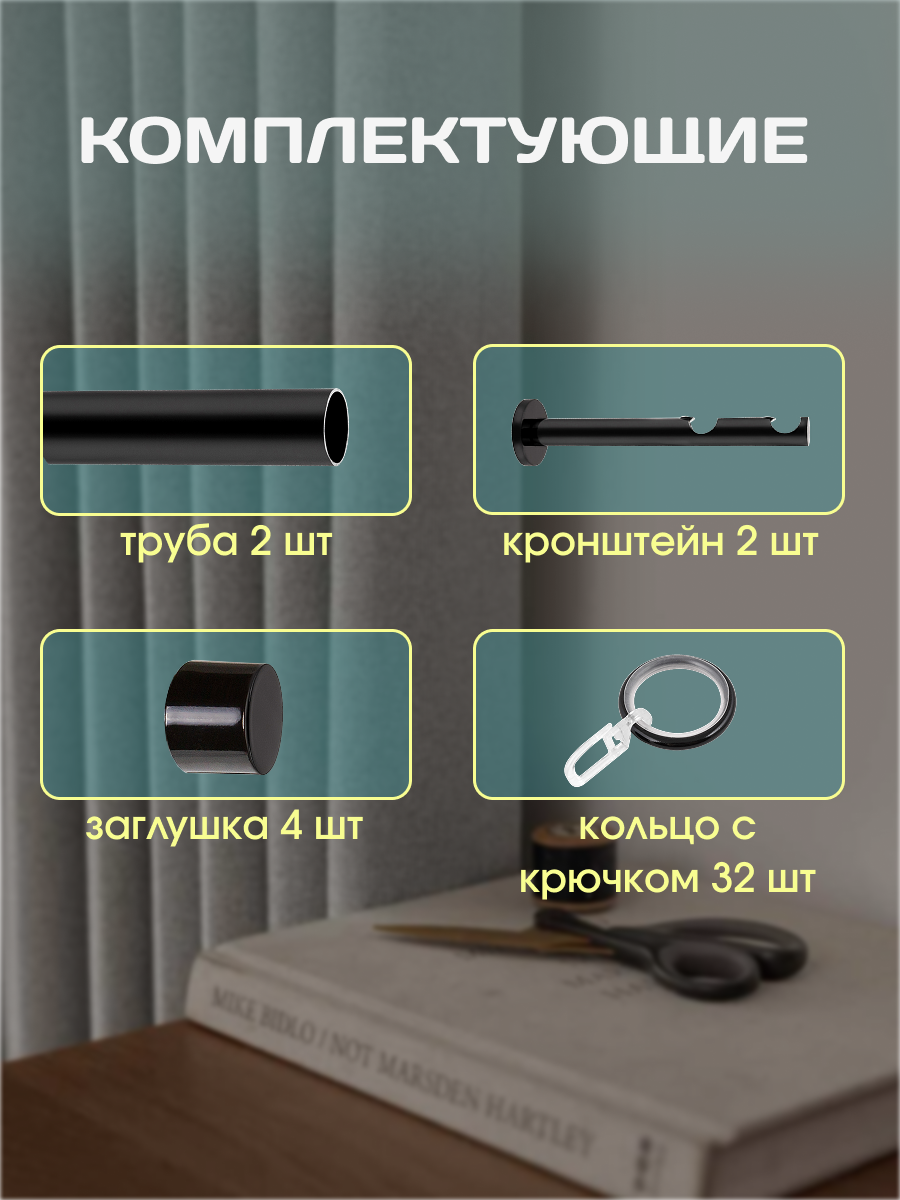 Карниз для штор Sundays Home Модерн 19мм+19мм двухрядный (цельный, черный, 1.6м) — фото 2