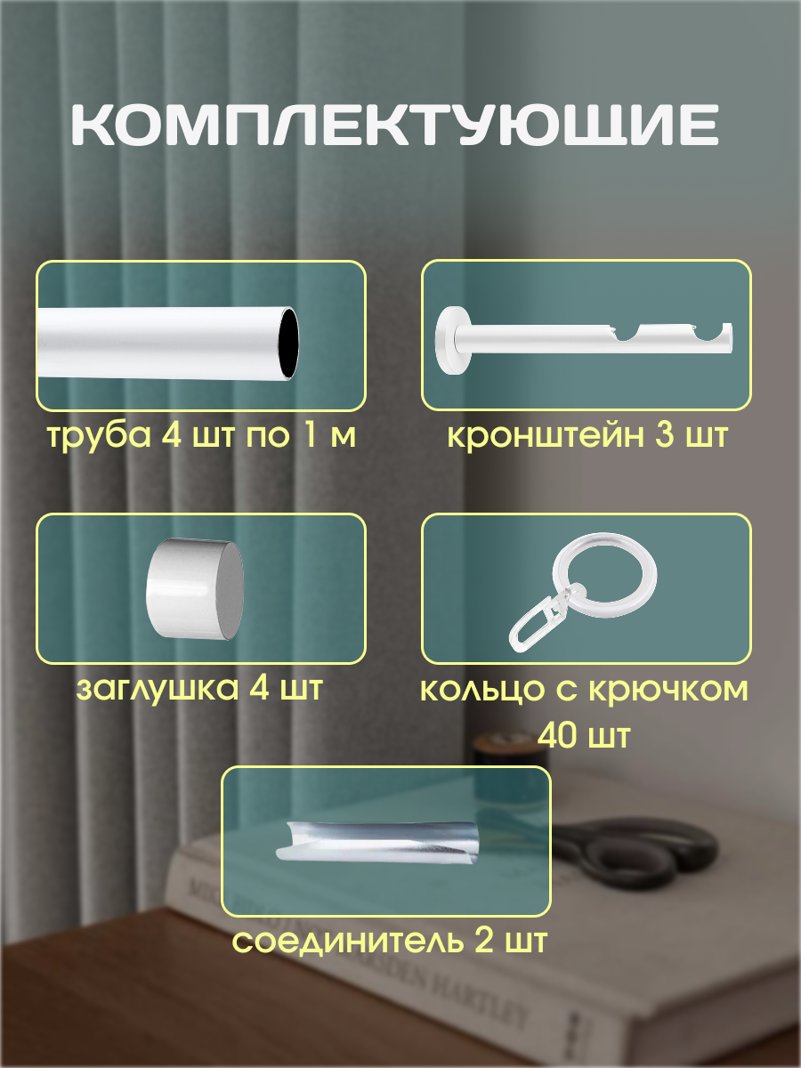 Карниз для штор Sundays Home Модерн 19мм+19мм двухрядный (составной, белый, 2м) — фото 2