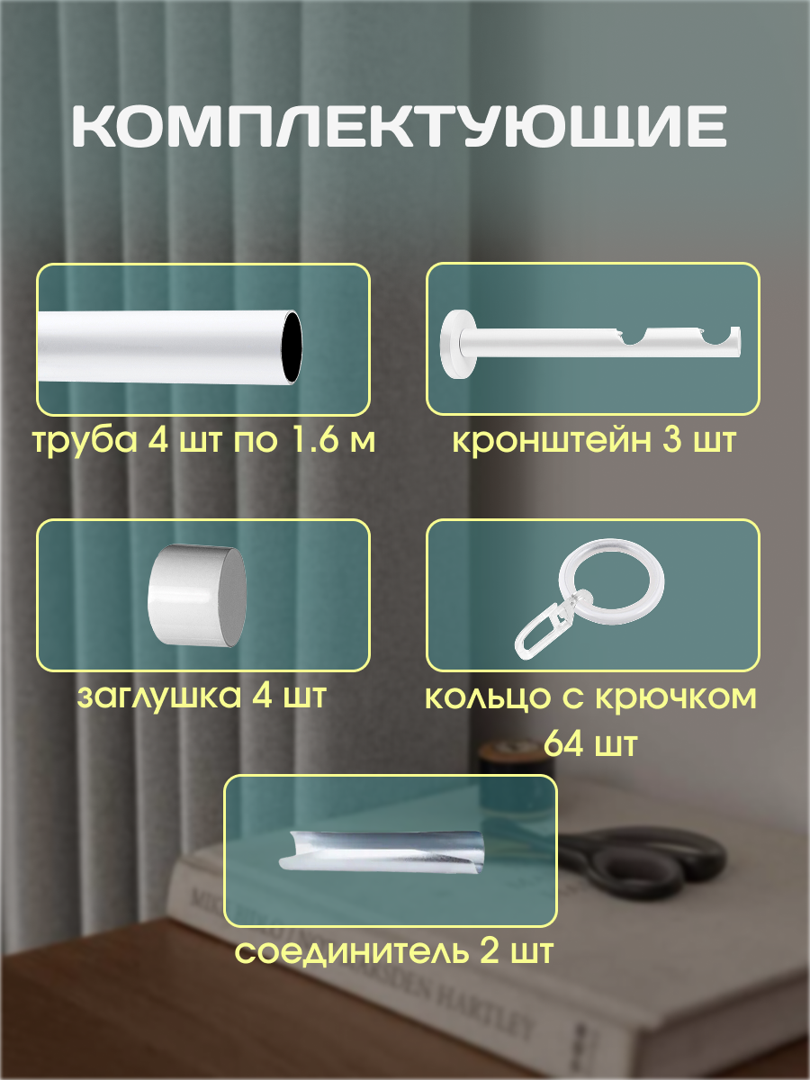 Карниз для штор Sundays Home Модерн 19мм+19мм двухрядный (составной, белый, 3.2м) — фото 2
