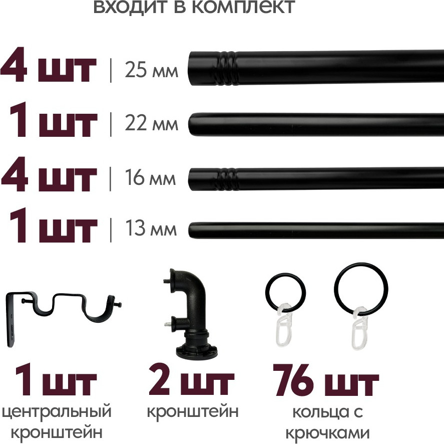 Карниз для штор UG HOME Раздвижной 2-рядный / 2КР-153-360-Ч (черный, 1.53-3.6м) — фото 6