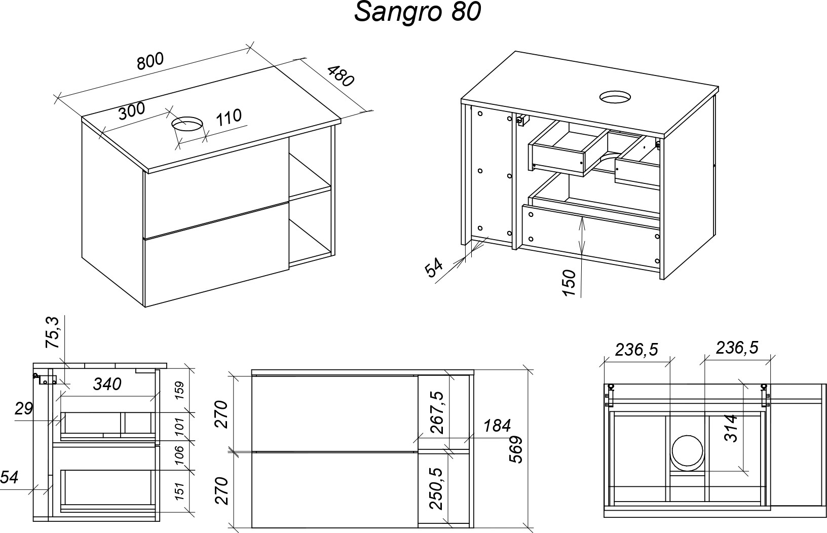 Тумба под умывальник Veneciana Sangro 80 с 2-мя ящиками+ниши (белый) — фото 4