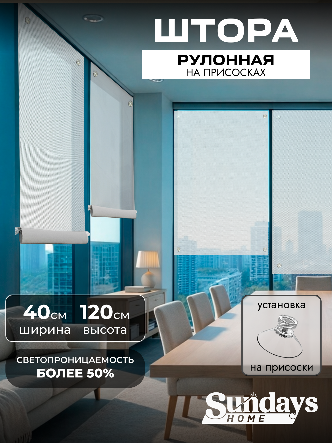 Рулонная штора Sundays Home Санскрин 310-01 40х120 (белый, на присосках)