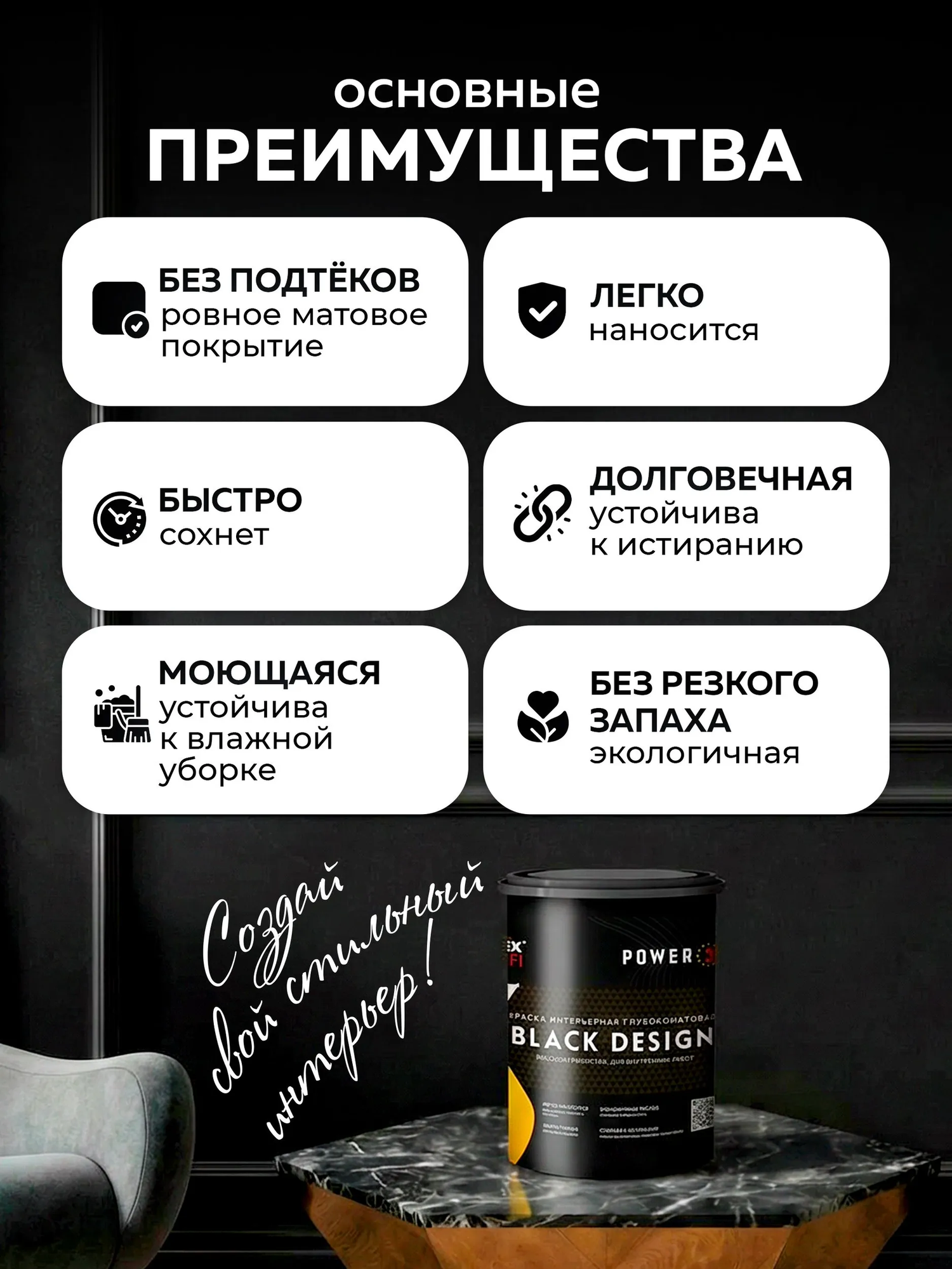 Краска Farbitex Profi Интерьерная глубокоматовая высокоукрывистая BlackDesign (900мл, черный) — фото 3