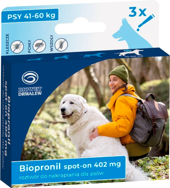 Капли от паразитов Biowet Drwalew Биопронил Спот Он 402мг 41-60кг (3 пипетки)