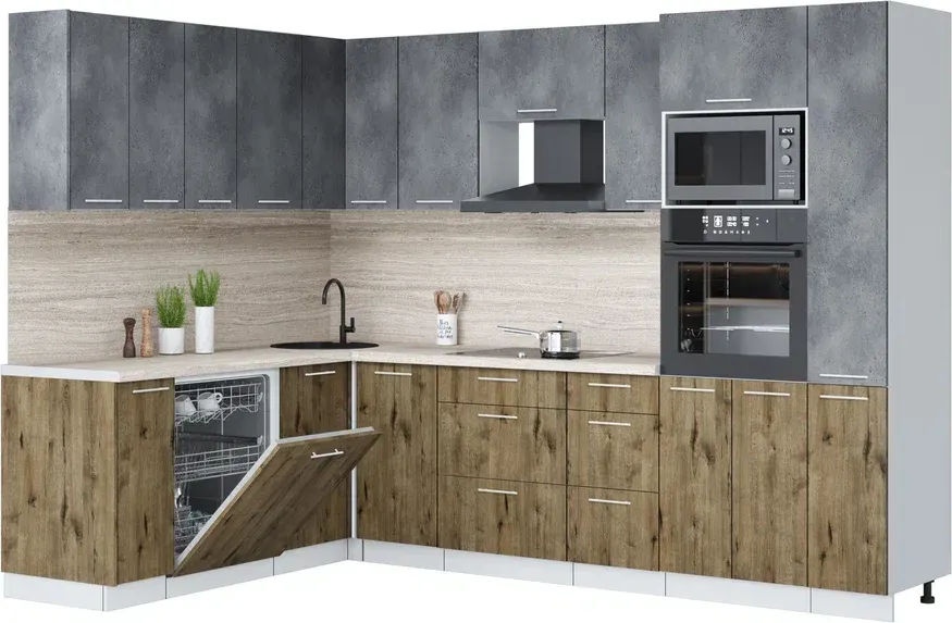 Кухонный гарнитур Interline Мила Лайт 1.896х2.88 (бетон портленд/дуб веллингтон/травертин серый)