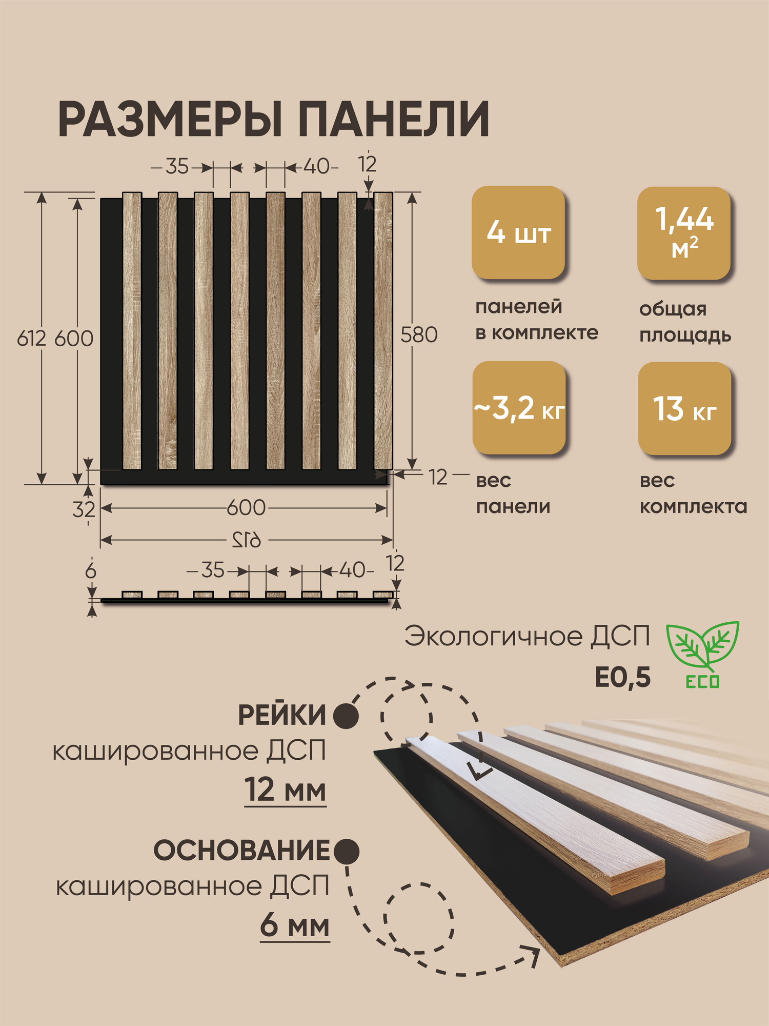 Реечная панель Mio Tesoro 612х612х18-8 (1.44м2, черный/сонома) — фото 4