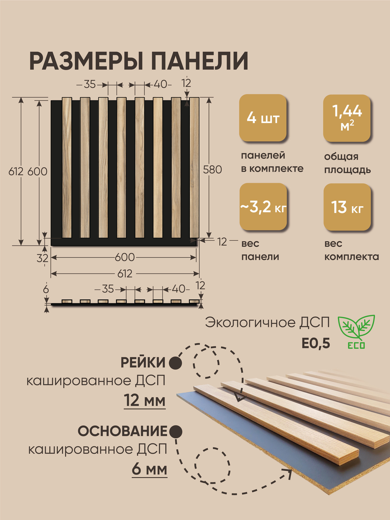 Реечная панель Mio Tesoro 612х612х18-8 (1.44м2, черный/ясень) — фото 4