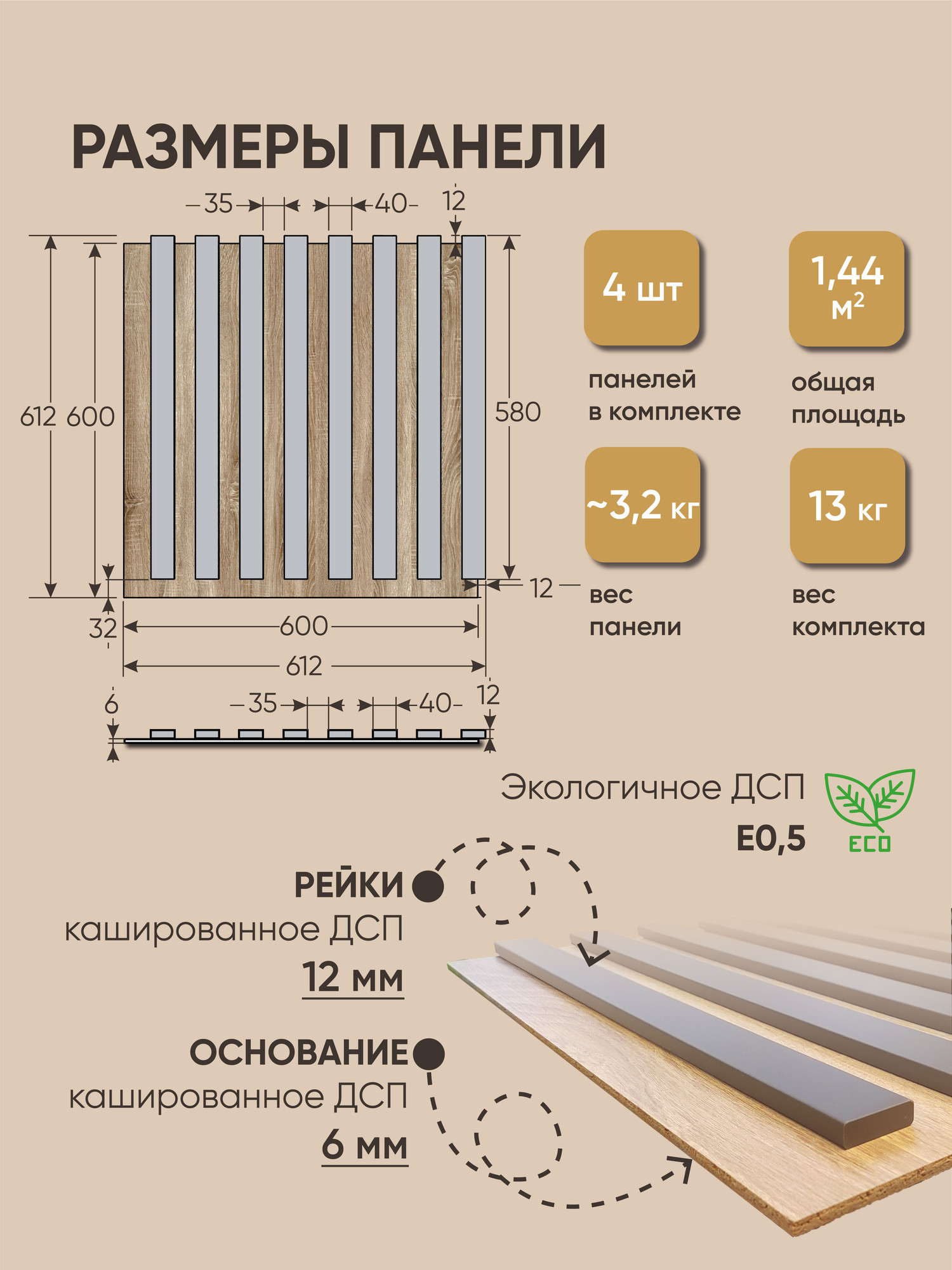 Реечная панель Mio Tesoro 612х612х18-8 (1.44м2, сонома/серый) — фото 4