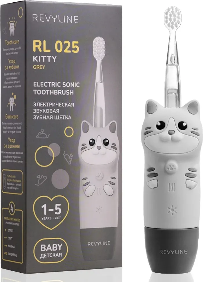 Детская звуковая зубная щетка Revyline RL 025 Baby Cat / 8620 (серый) — фото 2
