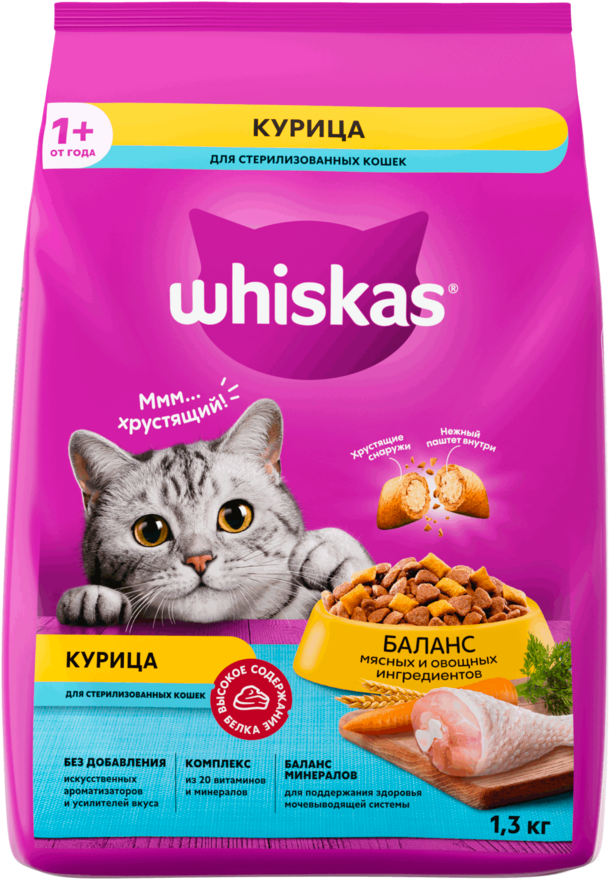 Сухой корм для кошек Whiskas Для стерилизованных кошек с курицей и вкусными подушечками (1.3кг)