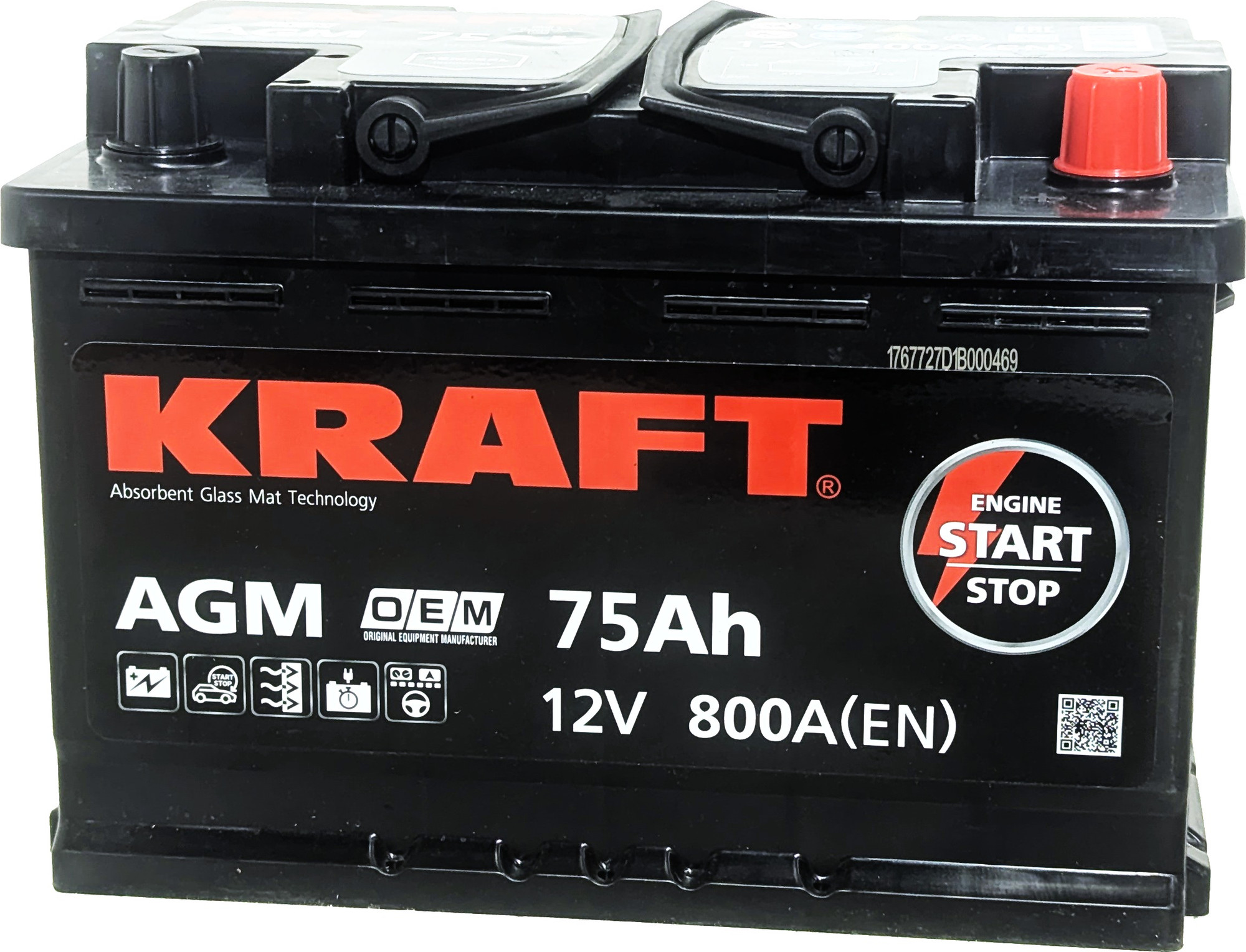 Автомобильный аккумулятор KrafT AGM R+ 800A / AGM-L3 (75 А/ч) — фото 2