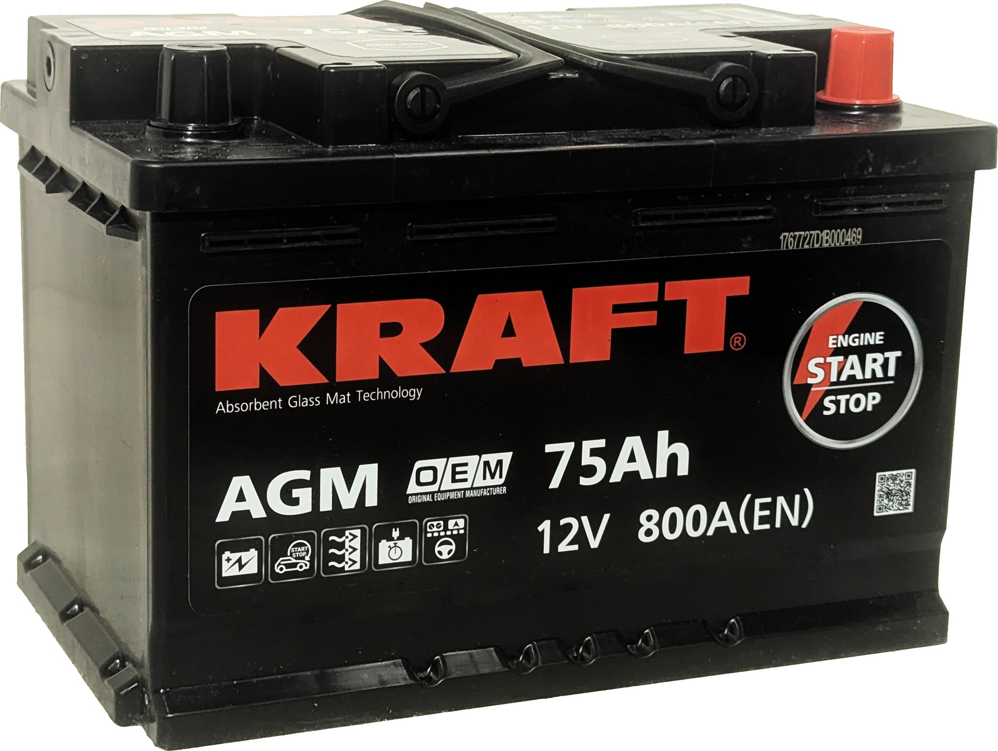 Автомобильный аккумулятор KrafT AGM R+ 800A / AGM-L3 (75 А/ч) — фото 3