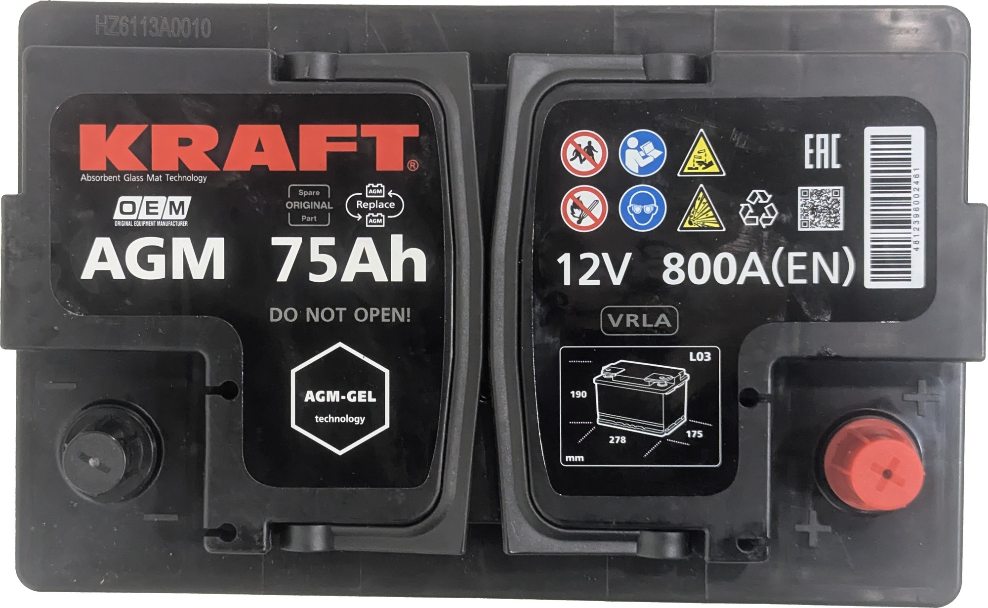 Автомобильный аккумулятор KrafT AGM R+ 800A / AGM-L3 (75 А/ч) — фото 4