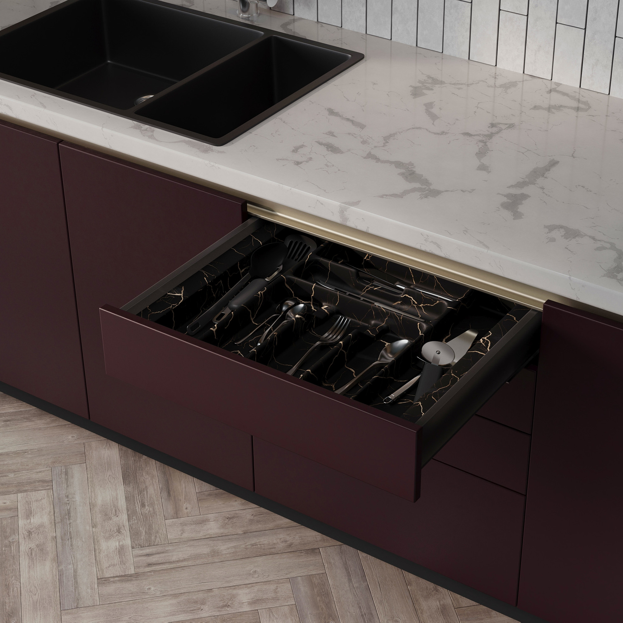 Органайзер для столовых приборов AKS 600 Marble 540x485 (черно-золотой мрамор) — фото 2