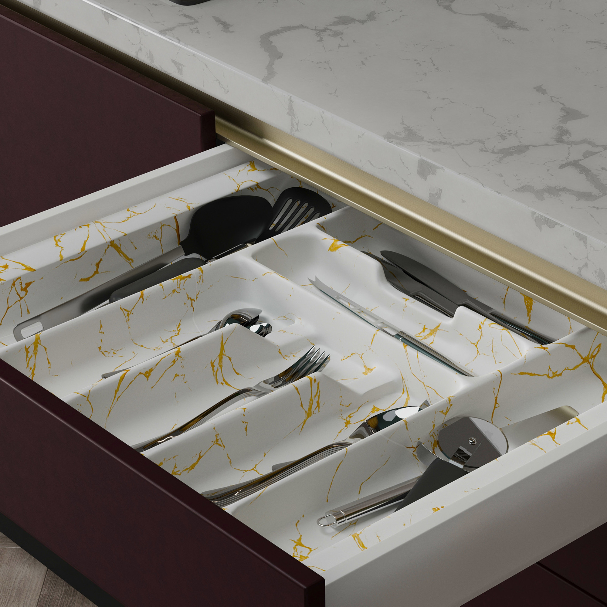 Органайзер для столовых приборов AKS 700 Marble 635x485 (бело-золотой мрамор) — фото 3