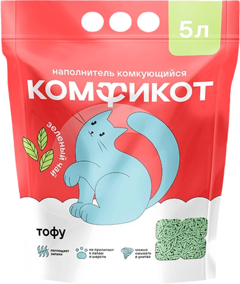 Наполнитель для туалета Комфикот Комкующийся тофу / 20337008 (зеленый чай, 5л)