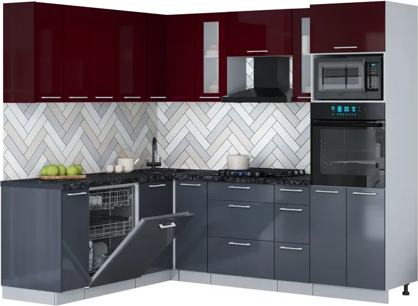 Кухонный гарнитур Interline Мила Gloss 1.896х2.38 (асфальт глянец/бордовый глянец/кастилло темный)