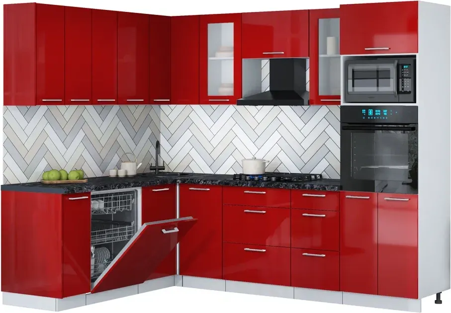 Кухонный гарнитур Interline Мила Gloss 1.896х2.58 (красный глянец/красный глянец/кастилло темный)