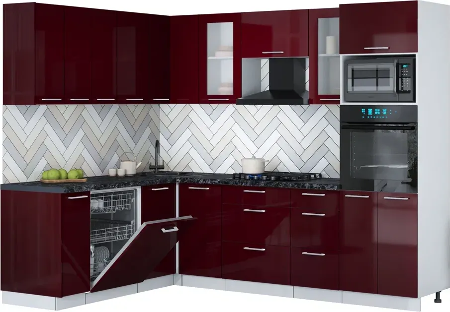 Кухонный гарнитур Interline Мила Gloss 1.896х2.58 (бордовый глянец/бордовый глянец/кастилло темный)